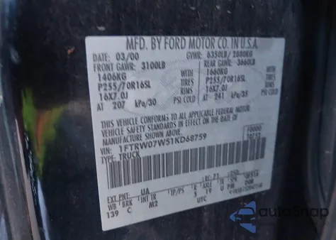 2001 Ford F150 Harley-Davidson Edition/King Ranch Edition/Lariat/Xlt from USA, damaged, VIN 1FTRW07W51KD68759